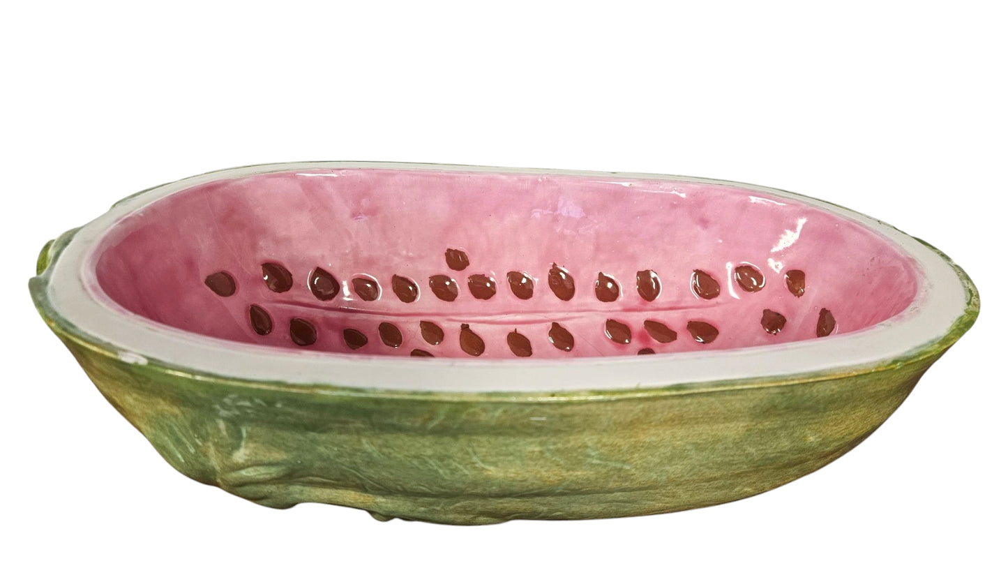 Hand Crafted& Decorated Watermelon Bowl, Signed 14"Lx 8"W