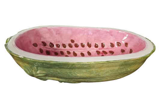 Hand Crafted& Decorated Watermelon Bowl, Signed 14"Lx 8"W