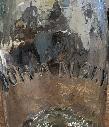 Antique Cohensey aqua glass fruit jar w/ wire clamp, 7" h