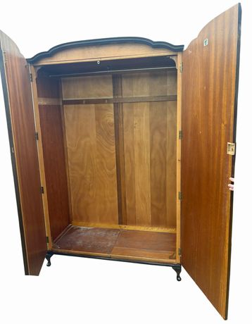 Vintage Art Deco-inspired wardrobe w/ bookmatched veneer doors, ornate brass har