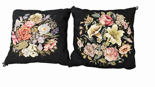 Pair Black Background Needlepoint Floral Pillows15"Sq