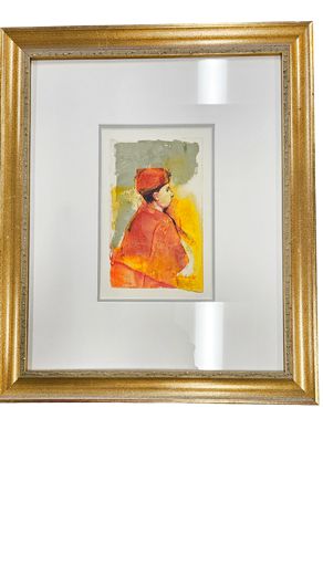 Original Signed Watercolor Orange Robed Man, 20Hx17W"