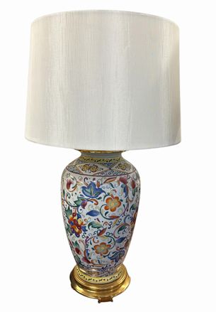 Asian-style ginger jar ceramic lamp w/ white shade, 27.25" h