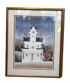 PAIR of primitive-style prints in oak frames of Victorian house in fall and wint