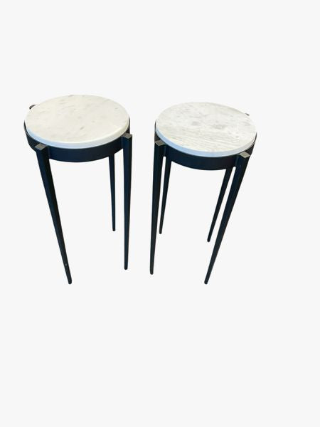 Pair of wrought iron and marble round side tables, 12x12x22