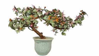 Jade Stone Bonzai Flower Tree  in Celedon Pot 14"Hx21"W