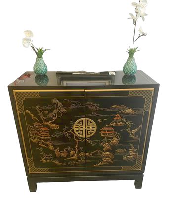Drexel Heritage black lacquer cabinet w/ painted Asian front, 30x13x29" h