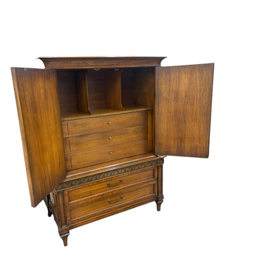 Vintage Spanish Revival-style black cherry burl armoire, 64" h, 46.5" w, 21" d