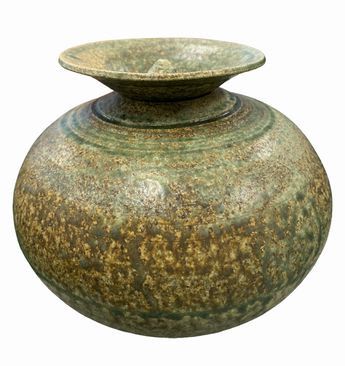Green pottery vase w/ lid, 5.5" h