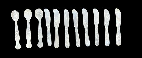 Set of mother-of-pearl cutlery--3 spoons, 8 knives, 4.75-5"