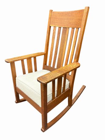 Mission-style tiger oak rocking chair, 26x17.5x40.25"