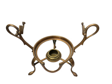 Antique Victorian copper spirit kettle w/ brass stand, glass handles, 15" h, 11"