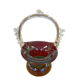 Red blown-glass basket w/ clear handle, 7" h