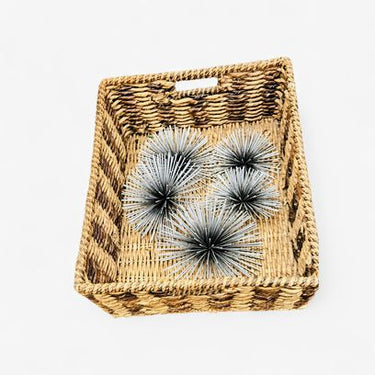 Basket  w 5  Silver Metal "Atomic" Starburst Wall Decor 8"dia & 5"dia