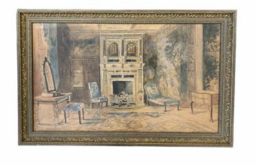 PAIR of antique watercolors of chateaux interiors, 16.5x26"