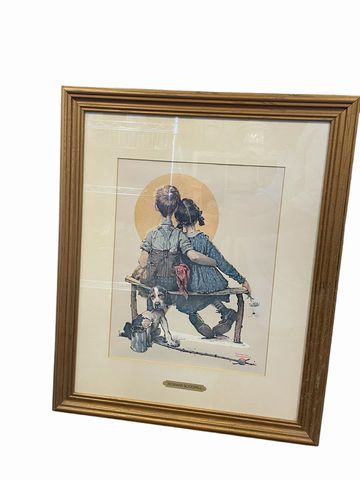 Framed Norman Rockwell print, Boy & Girl Gazing at the Moon w/ Dog, 22.5x18.5