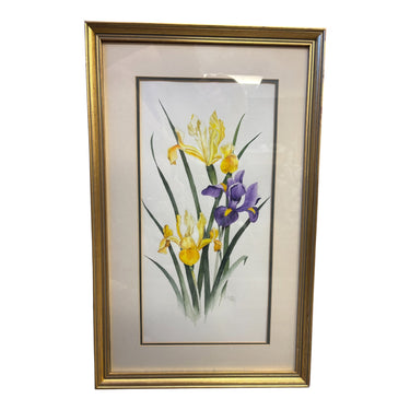 PAIR of signed original watercolor of iris in gold frame, 21.5" h x 13.25" w