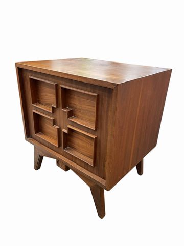 MCM solid wood nightstand w/geometric recessed panel door, 24H 24H. 22.5W. 18D.
