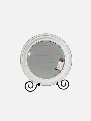 Wood-frame White Round Mirror 14"d