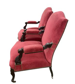 Pair of red velvet Louis XIV-style high back armchairs, 39.5H. 30.5W. 27D