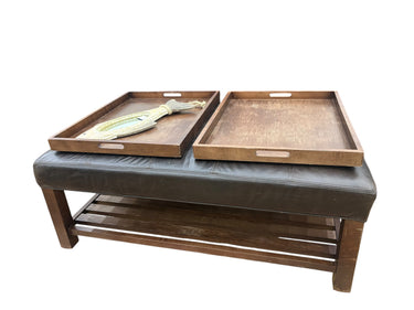 Arhaus button tufted leather ottoman w/ 2 wood trays, 17.25" h, 47" l, 29.75" d