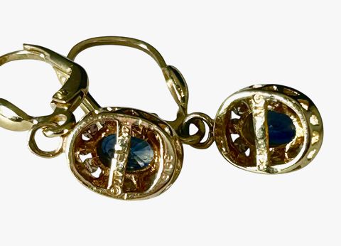 Pair 14k Yellow Gold Sapphire & Diamond Dangle Earrings, 3g
