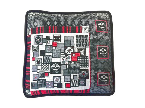 Geometric-pattern red/black/white pettipoint pillow 9.5" x 9.5"