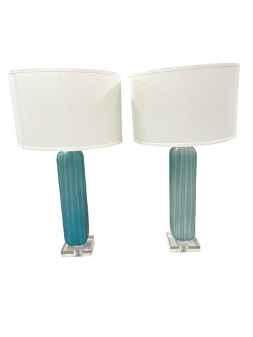 Pair Of Blue Channeled Frosted Glass Table Lamp 29" x 16"