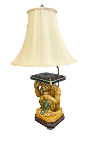 Majolica-style monkey lamp w/ cream shade, 26" h