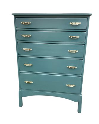 Teal 5-drawer chest w/ brass hardware, 33x19.25x47.5"