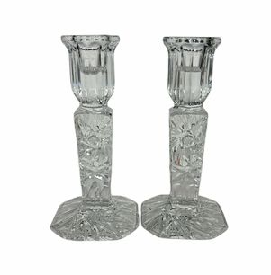 PAIR of cut crystal candleholders, 6" h