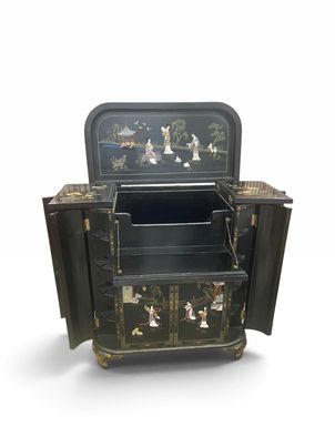 Chinese chinoiserie bar cabinet, 43H. 38W. 19D.