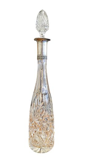 Cut Crystal Decantar w Silver Neck Enhanced 4"Dia x 17"H