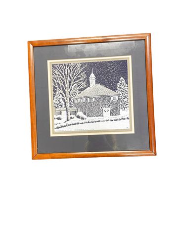 Framed Blue & White Stone Church16"x16"