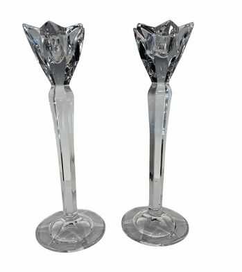 PAIR of Marquis by Waterford crystal candleholders w/ star-shape tops, 10" h