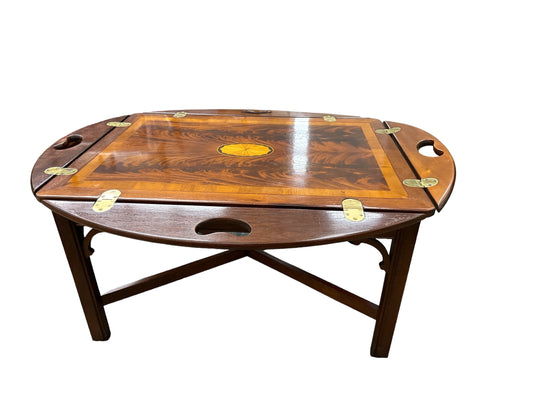 Hekman burled mahogany-top butler tray coffee table w/ marquetry, 40x31x19" h