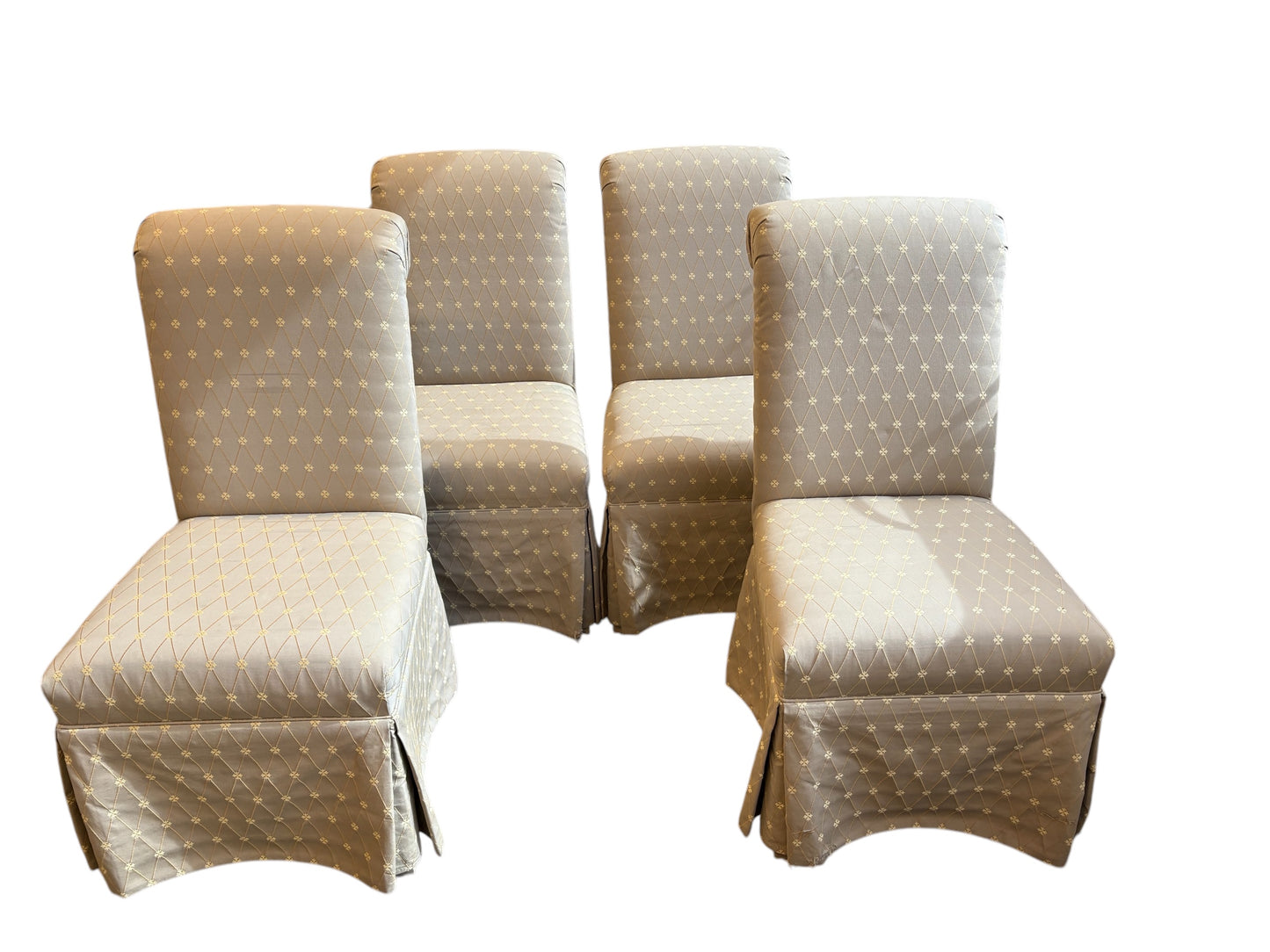 Set of 4 ecru/gold diamond-pattern Parsons-style dining chairs, 21x18x40.5"