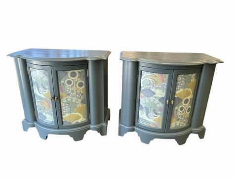 Pair of painted nightstands, slate blue w/ botanical accents, 32x19x29H