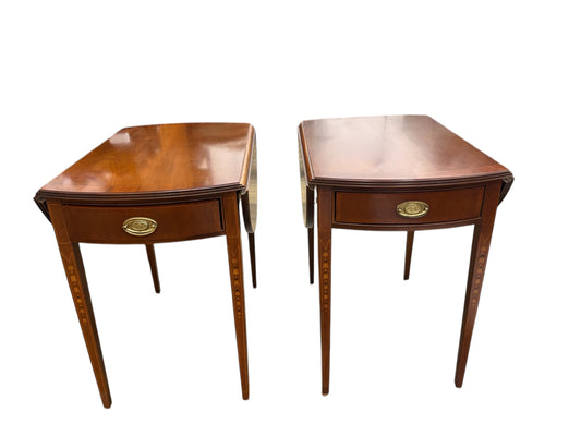 PAIR of Ethan Allen cherry banded dropleaf side tables, 19.5x28x27.5"