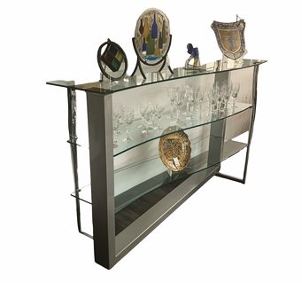 Modern curvilinear glass and chrome 3-level shelving, 65x16x40"