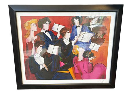 Framed print of musicians, pencil signed Le Kinff, 20.75x25.25"