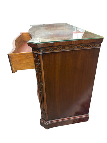 Vintage mahogany serpentine-front chest w/ 4 drawers & custom glass, 32" h, 38"