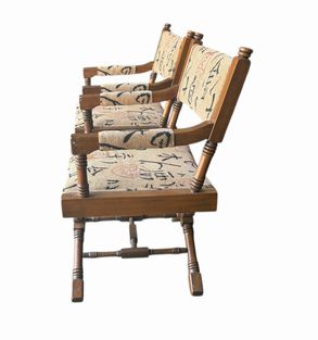 PAIR of vintage bamboo-style director chairs w/ Chinese calligraphy upholstery,
