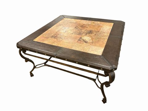 Square stone/metal/leather coffee table, 38x38x18.5H