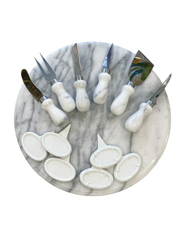 White marble lazy susan w/cheese utensils & ceramic markers, 12"D