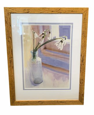 Print of snowdrops in vase in rustic pine frame, 29x22.5"