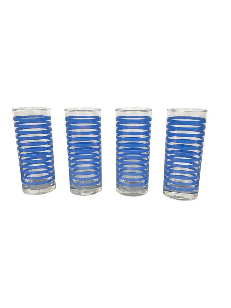 Set oF 4 MCM Blue Striped Glassware 6" x 2.5'