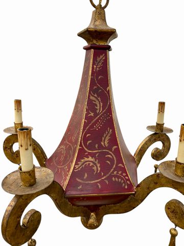 Continental Style Painted & Gilt 5 Arm Tole Chandelier,29 in. x 24 in. Diam.