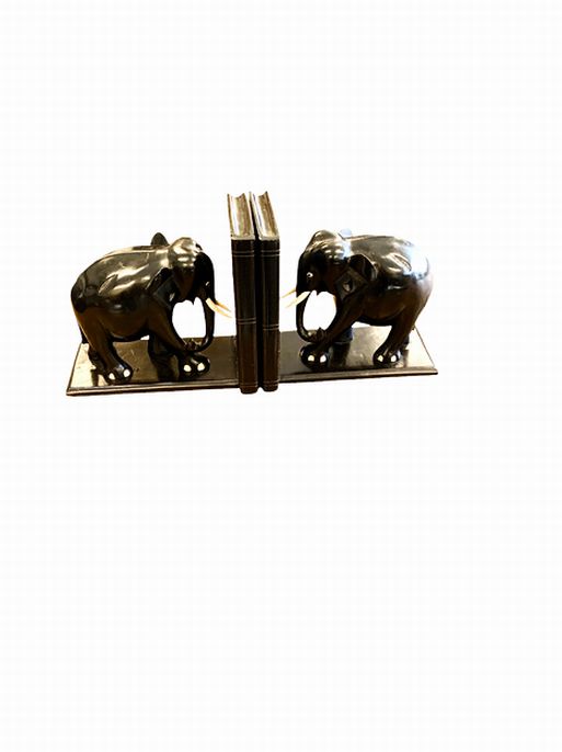 Black Wood Elephant, Bone Tusks, w Book Bookends, 6.6"Hx 7"w ea.