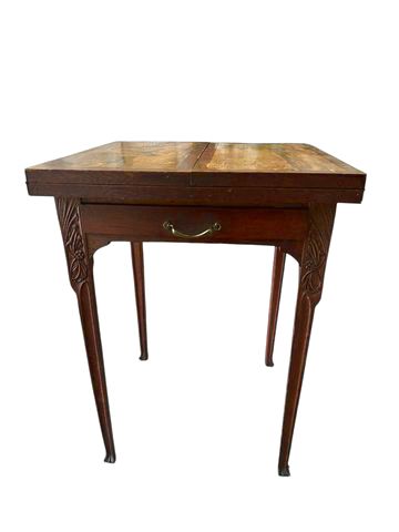 Charles Spindler Marquetry Game Table, ca. 1900, H. 31 in. x W. 24 closed